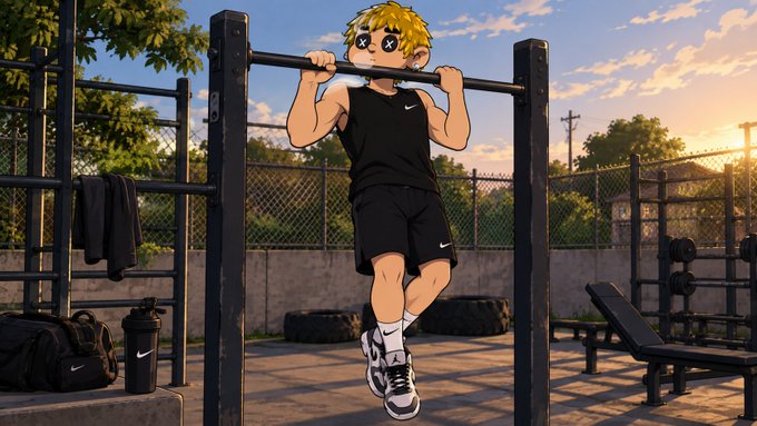 An anime-style character with blonde hair and X-shaped eyes performs a pull-up on a black metal bar in an outdoor gym at sunset, wearing a black Nike athletic outfit.