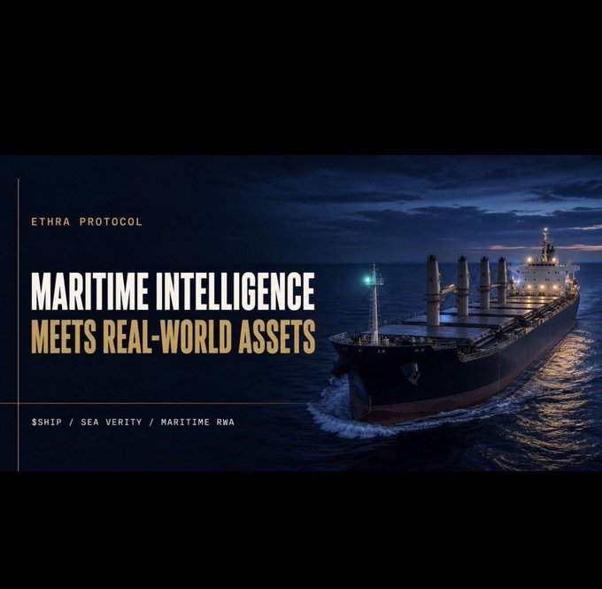 A promotional graphic for 'ETHRA PROTOCOL' reading 'MARITIME INTELLIGENCE MEETS REAL-WORLD ASSETS' alongside an image of a large cargo ship at sea.