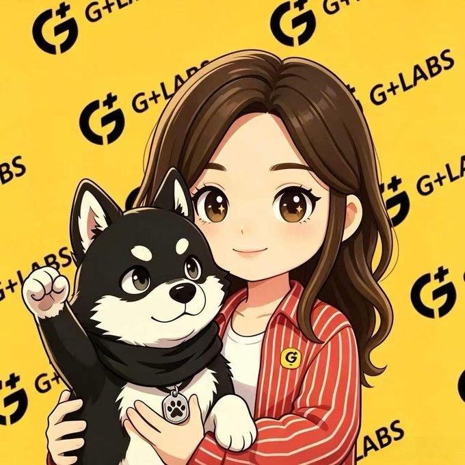 An anime-style girl with brown hair smiles while holding a cheerful black and white Shiba Inu dog, set against a bright yellow background featuring the "G+LABS" logo. The image's playful, joyful pose of the girl and her pet mirrors the lighthearted, laughing tone of the caption "哈哈哈～我们都有～～嘻嘻～～" (Hahaha~ we all have it~ hehe~), suggesting a shared excitement about G+LABS.