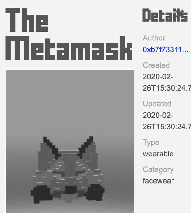 A digital NFT listing titled 'The Metamask' shows a 3D pixelated fox mask, categorized as 'facewear' and created by address '0xb7f73311...'.