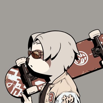 An anime-style illustration of a white-haired character wearing sunglasses and a jacket with the number 3, holding a skateboard over their shoulder.