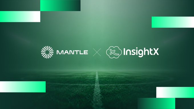 The image features a logo for Mantle Inc., which is a company focused on providing fast execution of trading strategies using prediction markets, also known as @Mantle_Official. The background of the image is green with white stripes, creating an interesting visual effect that draws attention to the Mantle logo and the post about InsightX.