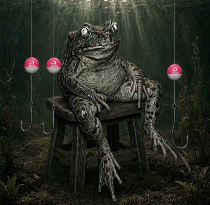 A realistic frog sits on a wooden stool underwater surrounded by fishing hooks baited with pink and white 'Uniswap' bobbers in a dark, atmospheric scene.