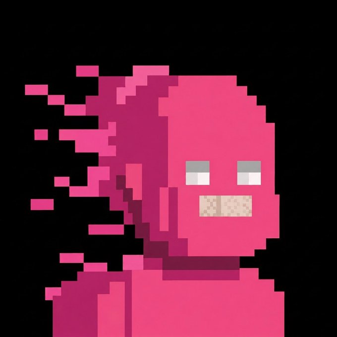 Pixel art style image of a pink humanoid figure with a distressed expression appearing to dissolve or trail off on the left side.