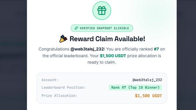 The image shows a "Reward Claim Available!" notification confirming that user @web3talsj_232 ranked #7 on an official leaderboard, qualifying for a $1,500 USDT prize allocation marked as "Verified Snapshot Eligible." This relates to the post by celebrating the $1,500 crypto reward being added to their earnings, playing on the idea of choosing between being a "vibecoder" versus pursuing web3 gains.