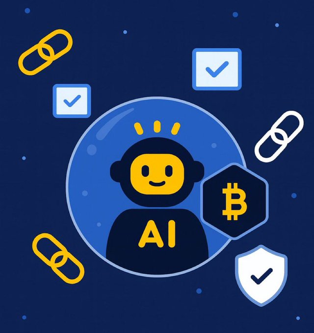 An illustration featuring a smiling robot labeled "AI" surrounded by icons representing chain links, a Bitcoin symbol, and security shields and checkmarks, symbolizing verifiable, tamper-proof data feeding AI systems in Web3. The imagery visually reinforces the post's message that trustworthy, trustless data is essential for reliable AI in blockchain ecosystems.