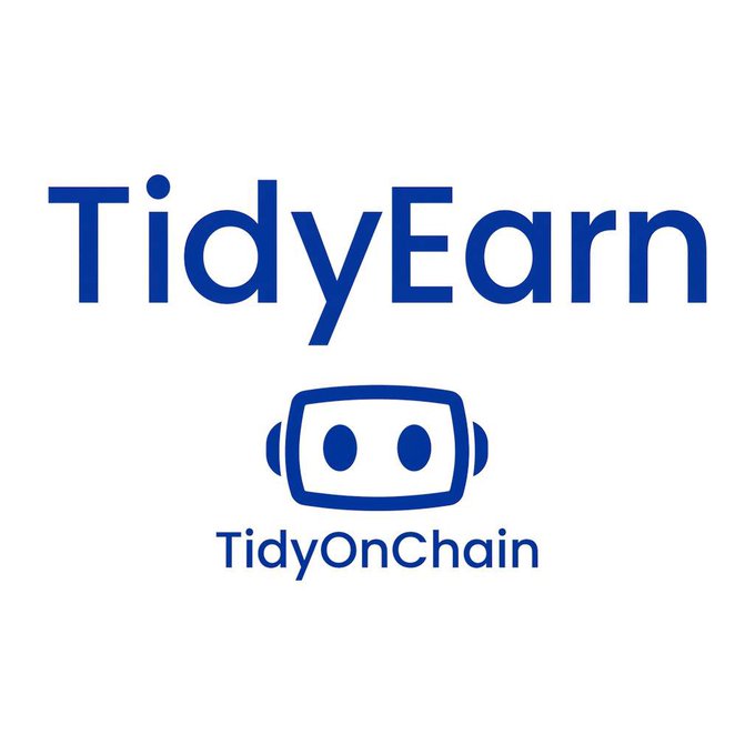 A logo design featuring 'TidyEarn' in blue text above a blue robot head icon and 'TidyOnChain' text on a white background.
