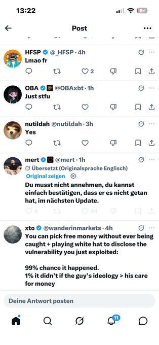 The image shows a social media feed with multiple posts, including one that reads "He blocked everyone in Solana xD my brother and my cousin and a friend also". The post appears to be about someone blocking another person's account on Twitter or Facebook.