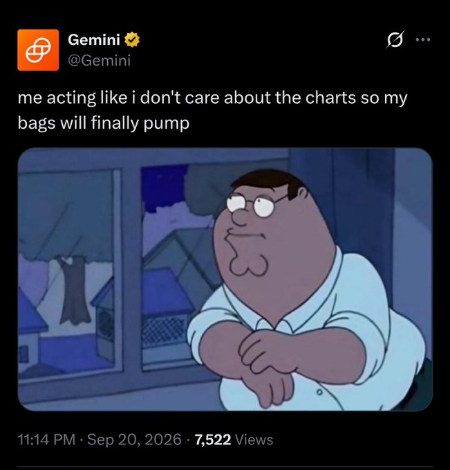 A tweet from the Gemini account (@Gemini) featuring Peter Griffin from Family Guy leaning on a windowsill, captioned 'me acting like i don't care about the charts so my bags will finally pump' with 7,522 views.