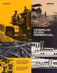 The image is a stylized advertisement for Caterpillar (ticker: $CAT), featuring bold yellow and black graphics alongside photographs of bulldozers in rugged terrain, reinforcing the company's longstanding construction legacy established in 1925. Prominent text reads "CATERPILLAR GOLDEN EARNINGS CALL," highlighting an investor relations event or financial announcement tied to the iconic heavy machinery brand.