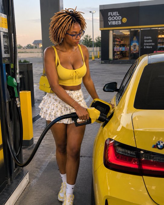 A woman with dreadlocks, glasses, a yellow top and floral skirt refuels a yellow BMW at a gas station, with a 'FUEL GOOD VIBES' convenience store in the background advertising drinks, snacks and groceries.