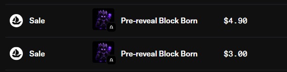 Two "Pre-reveal Block Born" NFT listings from ArcBlockBorn are shown for sale on OpenSea, priced at $4.90 and $3.00. The image relates to the post by illustrating current secondary market sales prices for the collection, contrasting with the original mint price of 0.5 USDC mentioned.