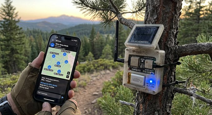 A person wearing tactical gloves holds a smartphone running what appears to be a mesh network monitoring app (with text referencing "Bitchat Relay Node" and "Mesh Relay Mode") next to a rugged, solar-powered ESP32-C4 device mounted on a pine tree in a mountainous forest—visually reinforcing the post's theme of off-grid, infrastructure-free communication through self-powered relay nodes that extend mesh networks into remote wilderness areas.