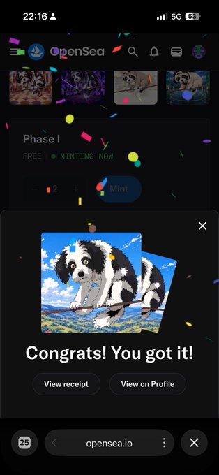 An OpenSea mobile screenshot showing a 'Congrats! You got it!' confirmation popup for minting a pixel-art NFT of a black and white puppy, with a 'Phase I MINTING NOW' banner behind it.