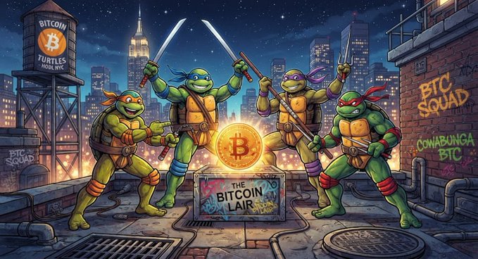 A digital illustration of the Teenage Mutant Ninja Turtles posing with their weapons around a glowing Bitcoin coin, set against a nighttime cityscape with 'The Bitcoin Lair' sign and 'BTC SQUAD' graffiti.