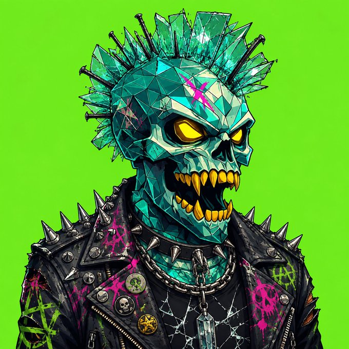 A digital illustration of a punk skull character with a turquoise crystalline mohawk, glowing yellow eyes, fanged teeth, and a spiked black leather jacket decorated with neon graffiti and pins, set against a bright green background.