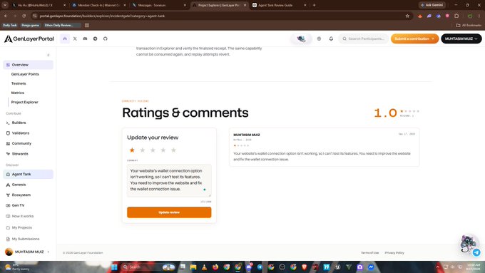 A screenshot of GenLayerPortal website showing a 1.0 rating under "Ratings & comments" section with a review dated December 17, 2024 by "WHATABRAKE" complaining that the website's wallet connection option isn't working.