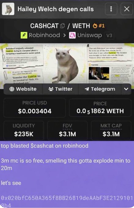 The image shows a trading app screenshot for the CASHCAT/WETH token (#1) on Robinhood/Uniswap V3, displaying a price of $0.003404, 0.051862 WETH, $235K liquidity, and a $3.1M market cap, with commentary suggesting it will "explode min to 20m." The image illustrates the $3.1M market cap entry point referenced in the post, which claims that $CashCat was given as a call at $3M before reaching a $220M valuation, alongside other successful calls like $ANSEM, $TripleT, and $hoodrat.