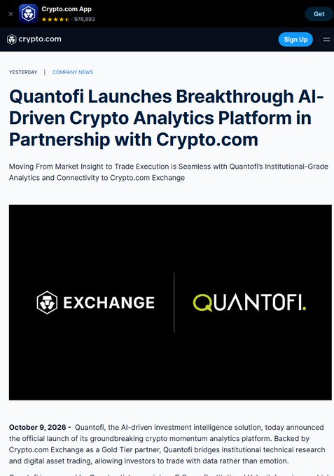 A Crypto.com App news article headlined 'Quantofi Launches Breakthrough AI-Driven Crypto Analytics Platform in Partnership with Crypto.com,' dated October 9, 2026.
