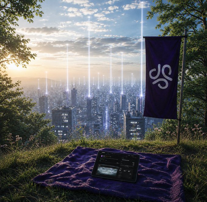 A scenic overlook shows a tablet on a purple blanket and a purple flag with a white logo, with a city skyline below featuring vertical light beams rising into the sky.