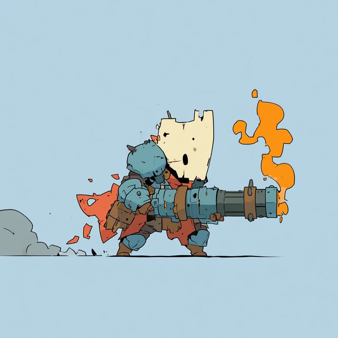A whimsical illustration depicts a small knight in blue armor using a large, blocky weapon to shoot orange flames, with an explosion cloud trailing behind them.