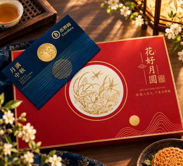 A red 'Mid-Autumn Festival' gift box featuring gold crane artwork and the text '花好月圆', alongside a blue 'China Construction Bank' (CCB) credit card.
