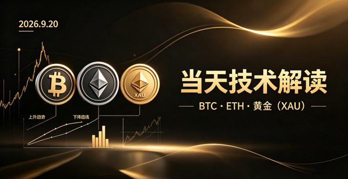 A promotional graphic with a dark gold background displays coins for Bitcoin (BTC), Ethereum (ETH), and gold (XAU), with Chinese text '当天技术解读' (Today's Technical Analysis) and the date '2026.9.20'.