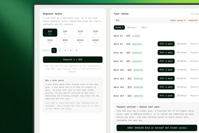 A screenshot of a cryptocurrency mixing or privacy protocol interface showing 'Deposit notes' options ranging from $25 to $4000 on the left and 'Your notes' listing various $25 deposited notes with 'Pull a pack' buttons on the right.