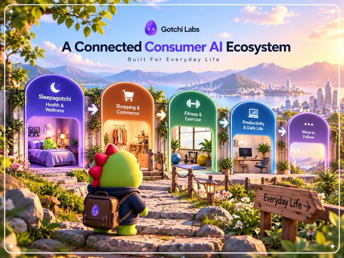 A promotional graphic for 'Gotchi Labs' titled 'A Connected Consumer AI Ecosystem' features a green dinosaur mascot with a backpack looking at portals representing Sleepagotchi, Shopping & Commerce, Fitness & Exercise, Productivity & Daily Life, and More to Follow.