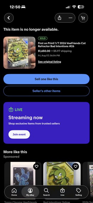 A mobile app listing for a "First on Print! 1/1 2026 VeeFriends Cat Refractor Bad Intentions #26" sold for $1,450.00 plus shipping, marked "SOLD" and "This item is no longer available."