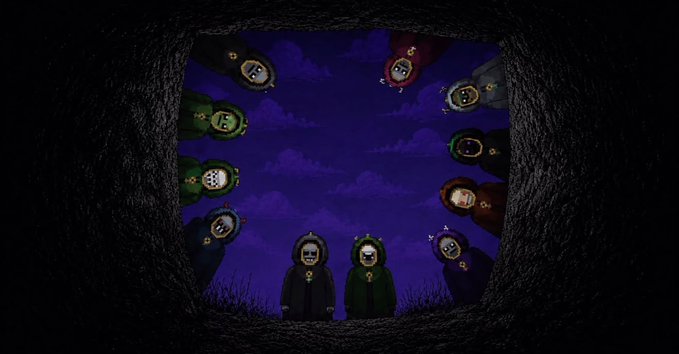 A dark, hooded ritual unfolds at the mouth of a cavern as a coven of robed figures encircle two central mooncers against a deep purple night sky, evoking a mystical resurrection ceremony that ties to the post's theme of rebirth through the $MANCER token.