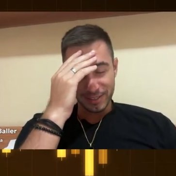 A man with a beard and a wedding ring holds his hand to his forehead in a facepalm gesture, appearing exasperated or laughing at a disappointing outcome. A gold-colored ticker at the bottom shows the name "Baller," who the caption suggests regretfully sold his HEX position days ago.