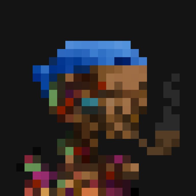 A low-resolution pixel art depiction of a character with blue hair and tanned skin, holding what appears to be a pipe or smoking device, with a colorful abstract pattern forming the lower portion of the figure against a dark background.