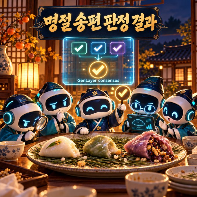A colorful AI-generated illustration of cute robots in traditional Korean hanbok attire gathered around a table with rice cakes, featuring Korean text and a 'GenLayer consensus' graphic with checkmarks.