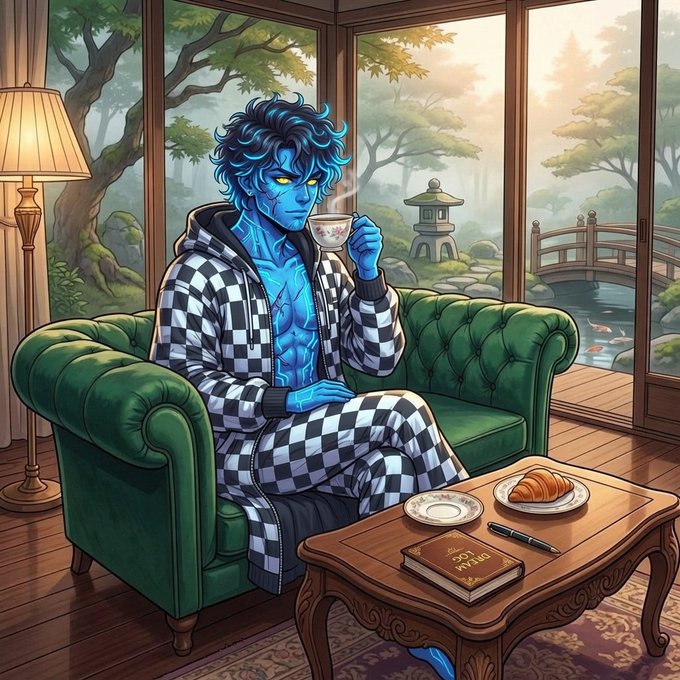 An anime-style illustration of a blue-skinned man in a checkered robe sitting on a green couch, holding a teacup with a garden visible through the windows behind him.