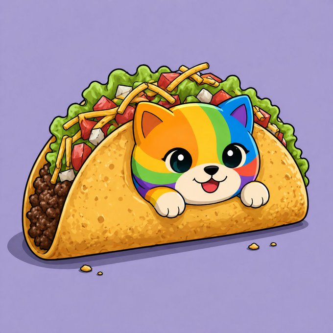 A colorful cartoon illustration shows a cute rainbow-striped kitten peeking out of a hard-shell taco filled with lettuce, tomatoes, and beans, set against a purple background.