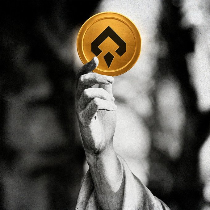 A grayscale image shows a classical statue's hand holding a golden Bitcoin coin featuring the Binance logo, symbolizing the stacking of utility and economic functions for crypto assets on BNBChain.