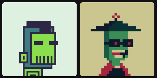 Two pixel art character sprites displayed side by side: a green-faced character in dark clothing on a pale green background, and a green-faced character with sunglasses and a red jacket on a tan background.