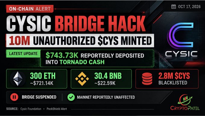 Graphic alert dated Oct. 17, 2026 about a “CYSIC BRIDGE HACK,” claiming an October 17 bridge exploit enabled 10M unauthorized $CYS tokens to be minted, with $743.73K reportedly deposited into Tornado Cash. It lists 300 ETH (~$721.14K), 30.4 BNB (~$22.59K), and 2.8M blacklisted $CYS, while noting the bridge was suspended and the mainnet reportedly remained unaffected.