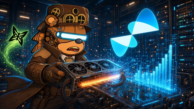 A digital illustration of a steampunk bear character wearing a top hat and goggles, holding a glowing graphics card, with a butterfly on one side and an "X" logo on the other, set against a futuristic circuit-board cityscape.