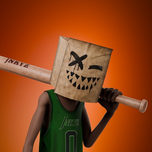 A figure wearing a green "JANKYZ" jersey (#0) and a menacing paper bag mask with a sinister grin holds a baseball bat emblazoned with "JANKYZ" over their shoulder, set against a bold orange background. The gritty, street-style character embodies the rebellious spirit of sweeping the competition on ApeCoin, aligning perfectly with the post's boastful celebration of dominating the "Appreciators Community."