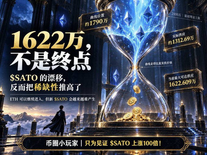 A promotional graphic showing an hourglass filled with gold and diamonds, with Chinese text including '1622万' (16.22 million), '$SATO', and references to ETH scarcity.