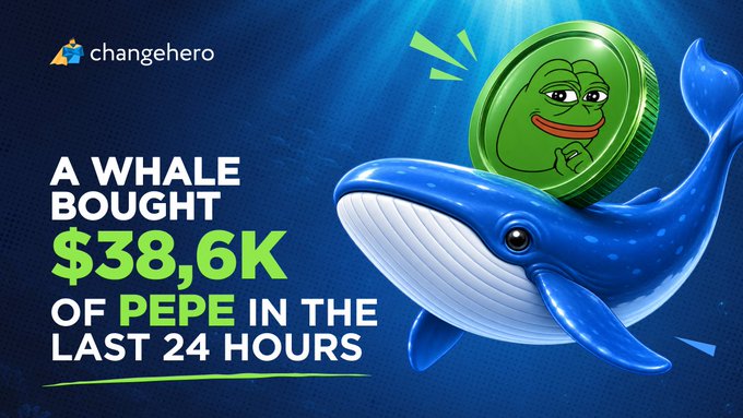 The image, branded by ChangeHero, features a cartoon blue whale with a smug Pepe the Frog coin resting on its back, alongside bold text reading "A WHALE BOUGHT $38,6K OF PEPE IN THE LAST 24 HOURS." This visually reinforces the accompanying post's message about a significant single PEPE purchase highlighting renewed trader interest in the memecoin.