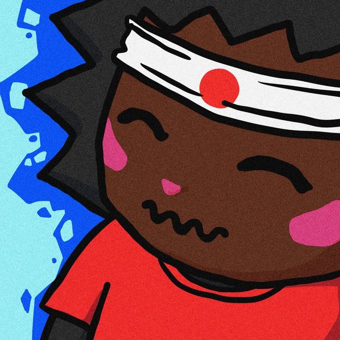 A cartoon-style drawing of a character with brown skin, a white headband featuring a red circle, and a red shirt, set against a blue background.