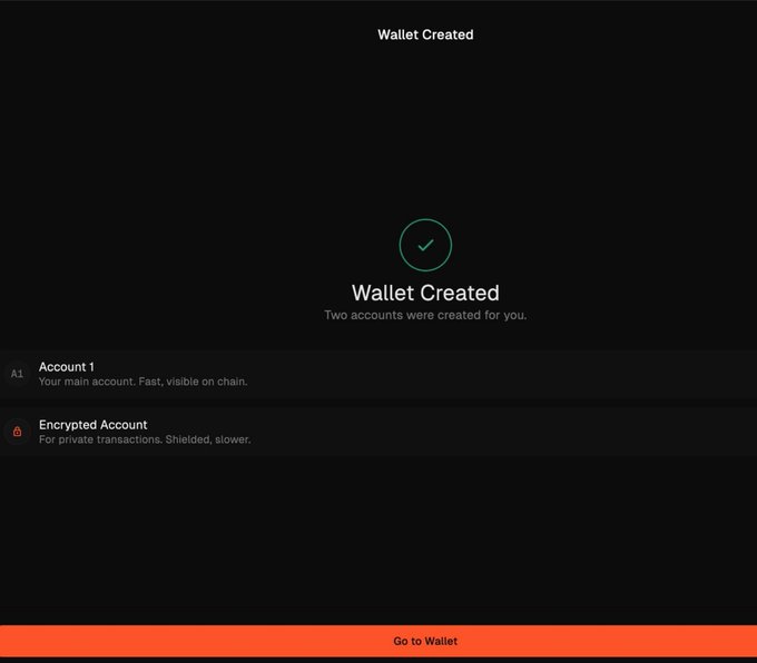 A screenshot of a digital wallet creation success screen showing 'Wallet Created' with two accounts: 'Account 1' (main, visible on chain) and 'Encrypted Account' (for private transactions), with a 'Go to Wallet' button.