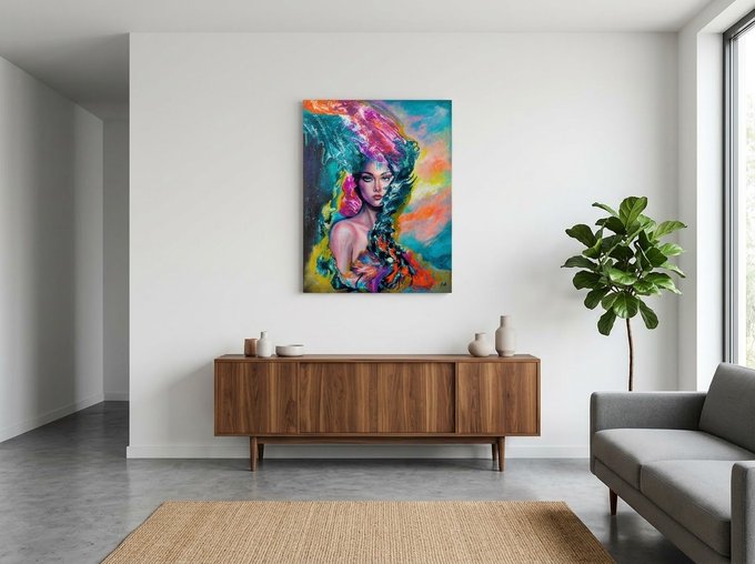 A bright, minimalist living room featuring a mid-century wooden credenza, a gray sofa, a fiddle leaf fig plant, and a colorful abstract portrait of a woman hanging on the wall.