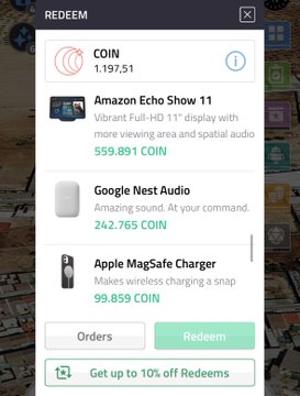 A mobile app "REDEEM" screen showing a COIN balance of 1,197.51, with options to redeem items including an Amazon Echo Show 11 (559.891 COIN), Google Nest Audio (242.765 COIN), and Apple MagSafe Charger (99.859 COIN). The image illustrates the post's point about redeeming coins for various products using $XYO's ecosystem.