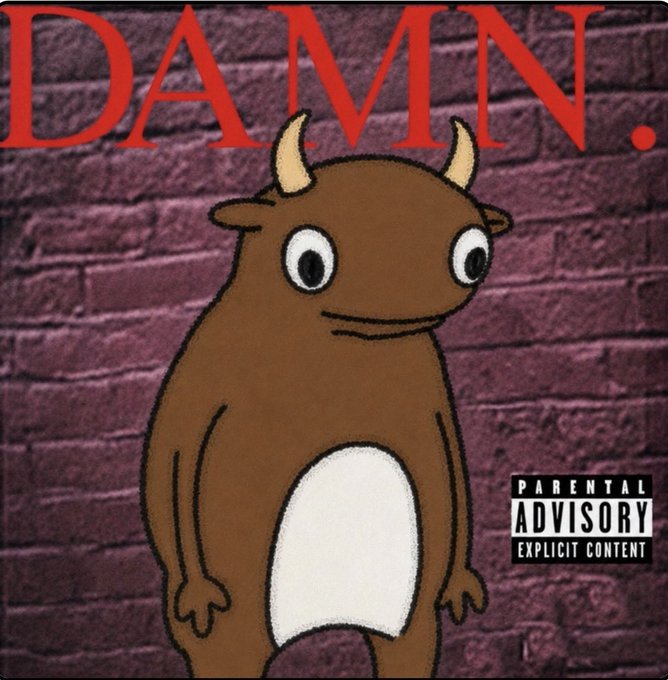 A cartoon illustration of a brown horned creature on a brick wall background with the red text 'DAMN.' and a Parental Advisory Explicit Content label.