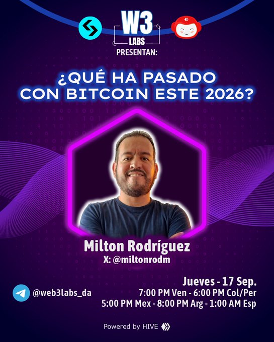 A Spanish-language promotional poster for a 'W3 LABS' event titled '¿QUÉ HA PASADO CON BITCOIN ESTE 2026?' featuring speaker Milton Rodriguez (@miltonrodm) with event times for various Latin American countries.