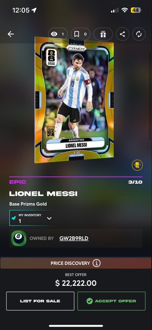 The image shows a phone screen displaying an auction page for a soccer player named Lionel Messi, who is up for sale. The person is looking at his picture during the auction process, considering the listing and the price offered by the seller. This type of platform typically lists items for sale in various categories, including sports players, which is evident from the image's context.